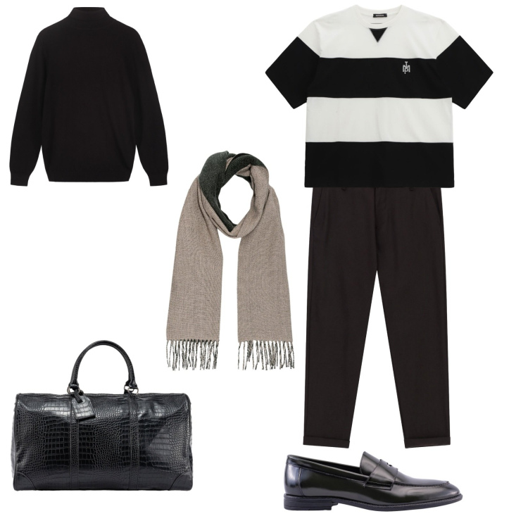 Outfit uomo - weekend urbano. Stile Casual per Tutti i giorni. Abbinamento con t-shirt, pantaloni, scarpe stringate, maglieria, sciarpe, borse sportive.