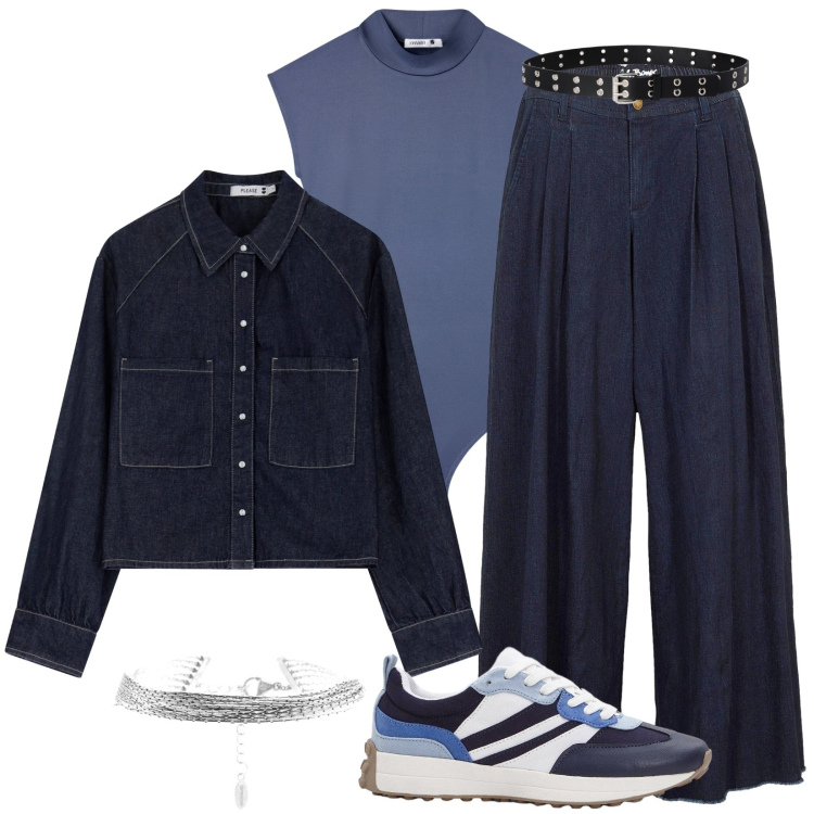 Outfit donna - Gonna pantalone in denim. Stile Casual per Tutti i giorni. Abbinamento con gonne, sneakers, cinture, body, camicie, braccialetti.