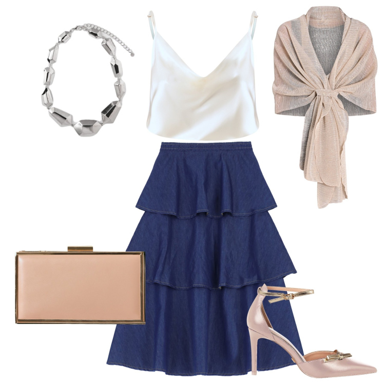 Outfit donna - Passeggiata chic. Abbinamento con stole, décolleté, pochette, canottiere, gonne lunghe, ciondoli.