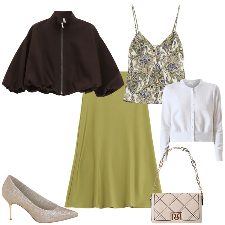 Outfit donna - Total look #2253542. Stile Chic per Serata fuori. Abbinamento con top, borse a tracolla, cardigans, décolleté, gonne longuette, bomber.