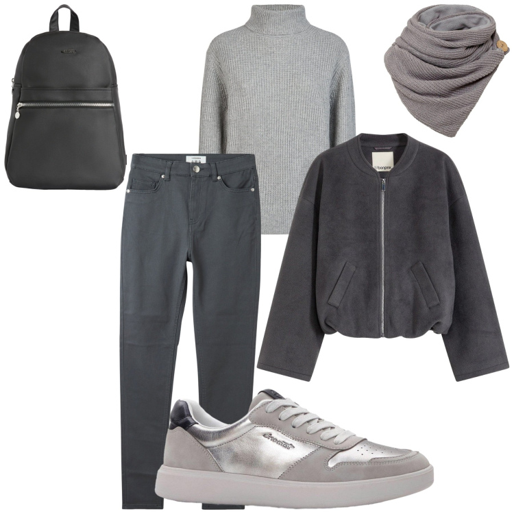 Outfit donna - Base=Grigio. Stile Minimal per Tutti i giorni. Abbinamento con foulard, sneakers, bomber, pantaloni skinny, zaini, maglieria.