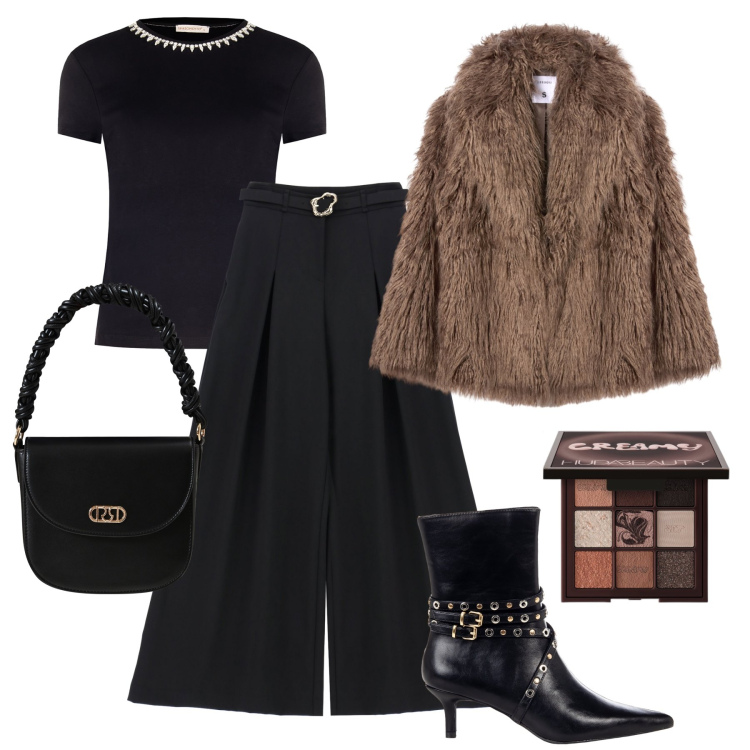 Outfit donna - Serata quasi total black. Stile Chic per Serata fuori. Abbinamento con ombretti, ecopellicce, stivaletti, borse a mano, t-shirt, pantaloni.