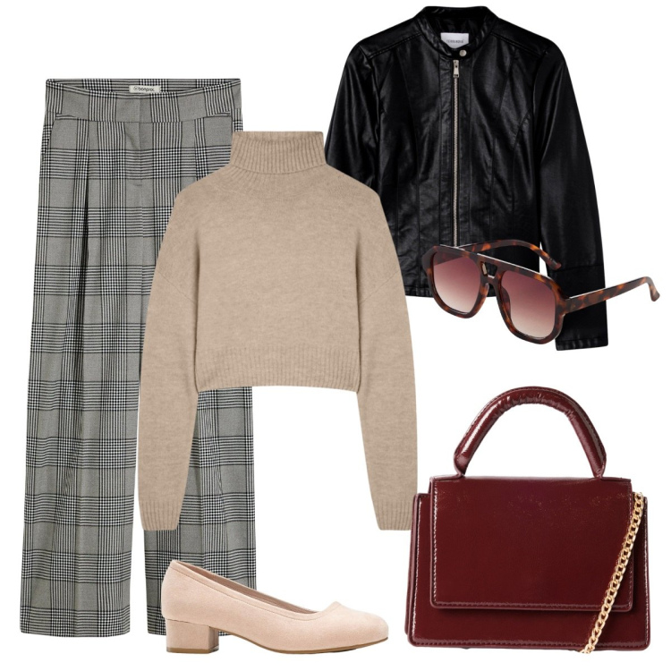 Outfit donna - Quadri e Pelle: Equilibrio Perfetto. Stile Casual chic per Tutti i giorni. Abbinamento con occhiali da sole, décolleté, pantaloni, borse a tracolla, giacche, maglieria.