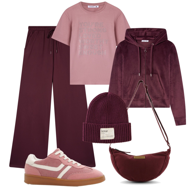 Outfit donna - Easy look prugna & rosa antico. Stile Urban per Tutti i giorni. Abbinamento con sneakers, berretti, pantaloni, felpe con cappuccio, t-shirt, borse a tracolla.