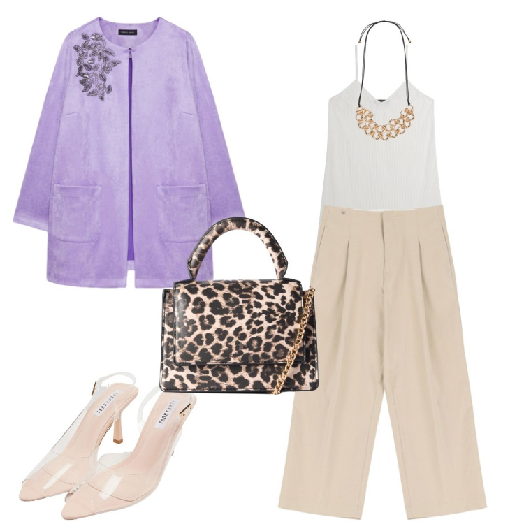 Outfit donna - Passeggiata. Stile Casual chic per Serata fuori. Abbinamento con sandali col tacco, borse a tracolla, pantaloni a palazzo, vestiti corti, collane, trench.