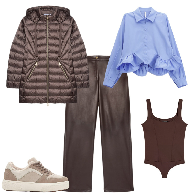 Outfit donna - Total look #2253556. Stile Trendy per Ufficio. Abbinamento con sneakers, camicie, body, piumini, pantaloni.