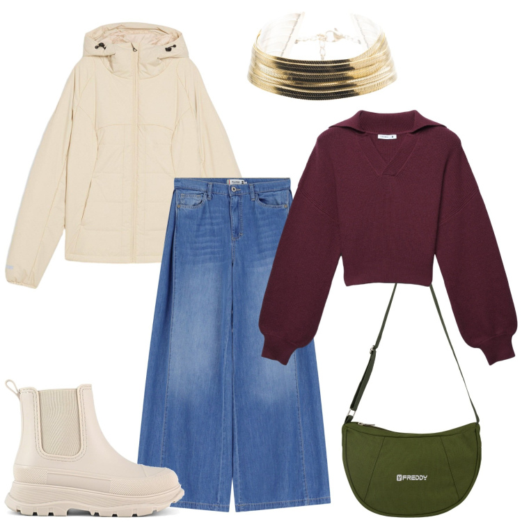 Outfit donna - Università. Stile Sporty chic per Scuola/Università. Abbinamento con giacche, maglieria, jeans, borse a spalla, braccialetti, stivali.