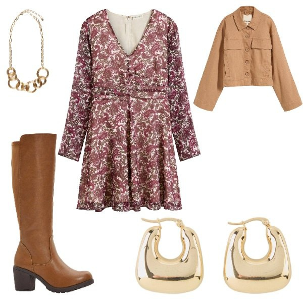Outfit donna - country chic. Stile Casual chic Abbinamento con blazer, stivali, vestiti corti, orecchini, collane.