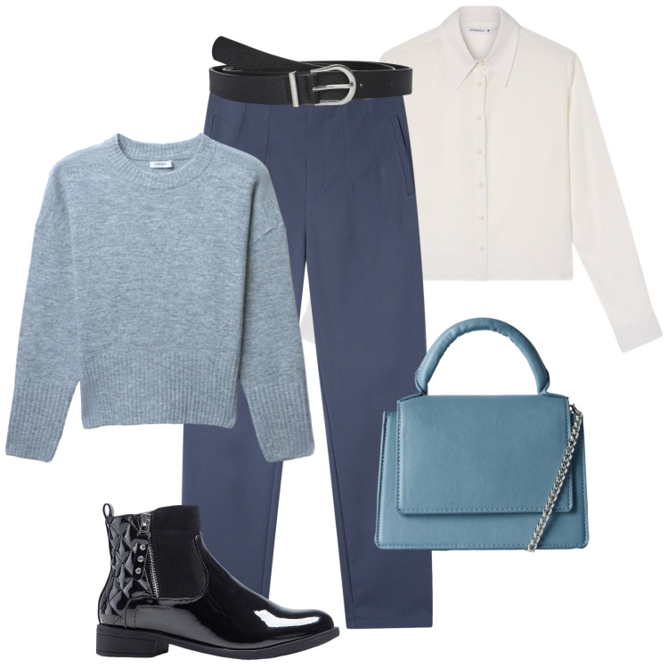 Outfit donna - Look quotidiano basico e curato. Stile Basic per Tutti i giorni. Abbinamento con stivaletti, pantaloni chino, maglieria, borse a tracolla, camicie, cinture.