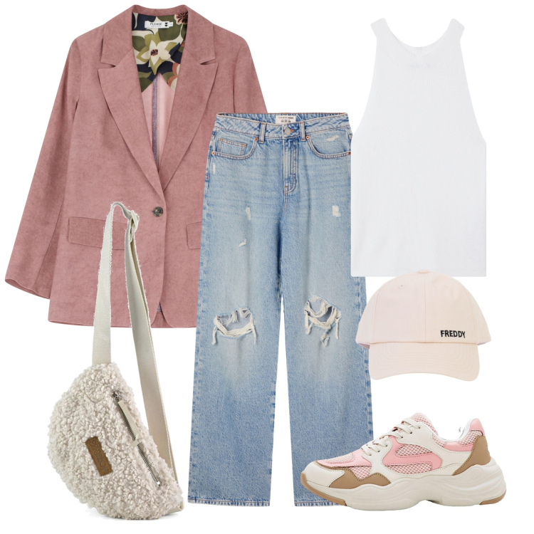 Outfit donna - Sporty in città. Stile Urban per Tutti i giorni. Abbinamento con sneakers, top, jeans strappati, blazer, cappelli con visiera, marsupi.