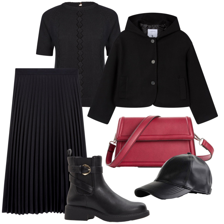 Outfit donna - Total black & twist fragola. Stile Trendy per Tutti i giorni. Abbinamento con stivaletti chelsea, borse a tracolla, cappelli con visiera, gonne lunghe, caban, maglieria.