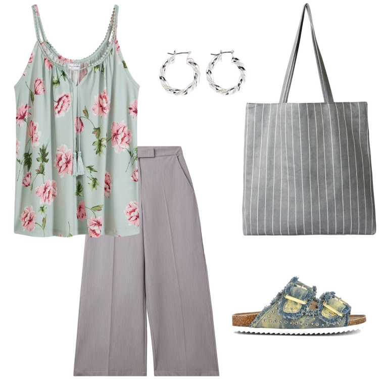 Outfit donna - Grigio easy. Abbinamento con orecchini, top, pantaloni a palazzo, shopping bag, sandali.