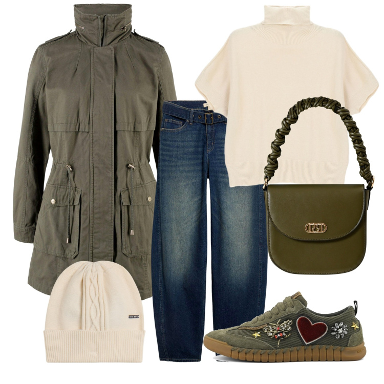 Outfit donna - Parka. Stile Casual per Tutti i giorni. Abbinamento con parka, jeans, borse a mano, maglieria, cappelli, sneakers.