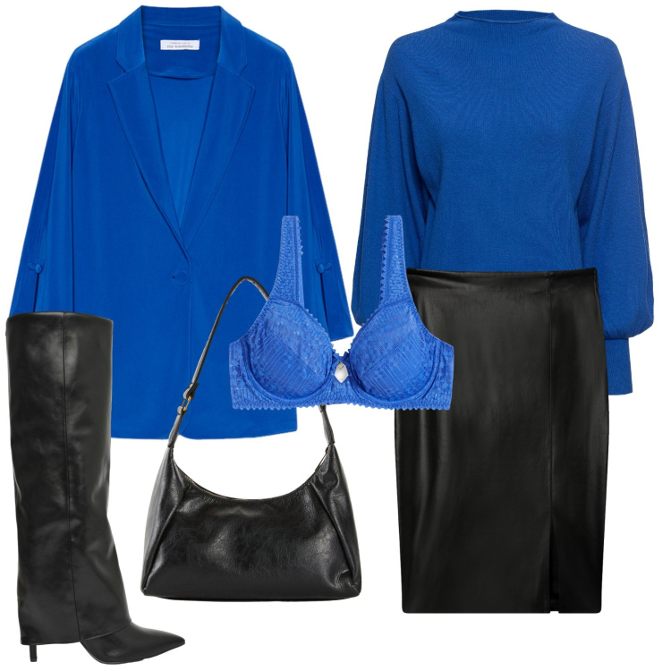 Outfit donna - Total look #2253571. Stile Trendy per Serata fuori. Abbinamento con maglieria, borse a mano, reggiseni, stivali, gonne longuette, blazer.