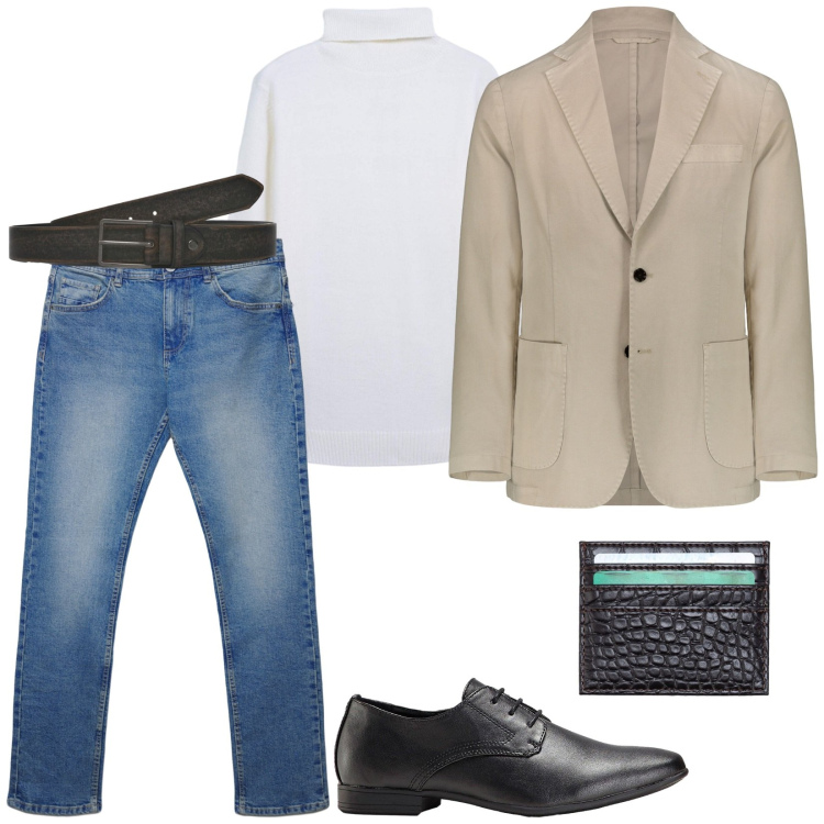 Outfit uomo - Riunione di lavoro. Stile Casual per Tutti i giorni. Abbinamento con scarpe stringate, cinture, maglieria, jeans dritti, giacche, portafogli.