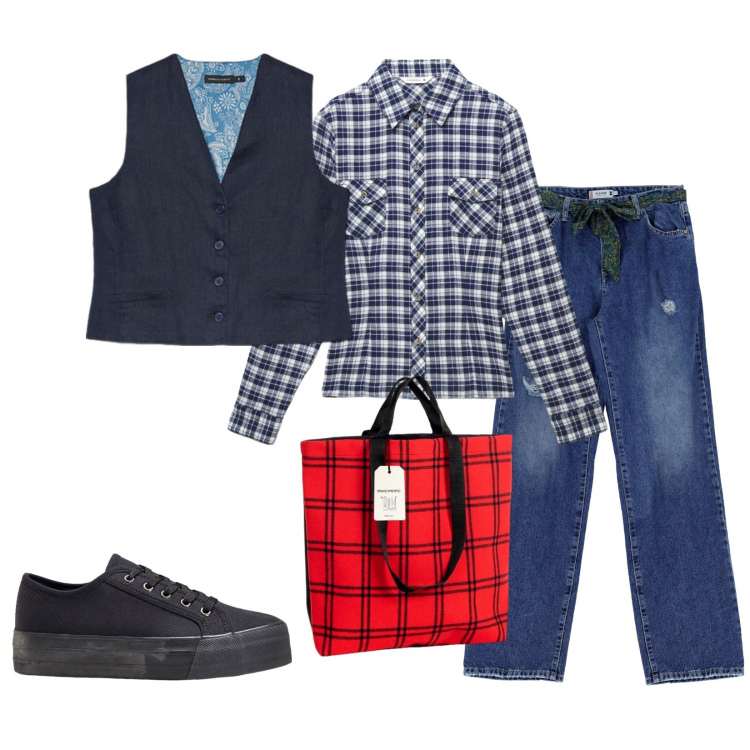 Outfit donna - Total look #2253577. Stile Casual chic per Tutti i giorni. Abbinamento con sneakers, camicie, borse tote, jeans strappati, gilet.