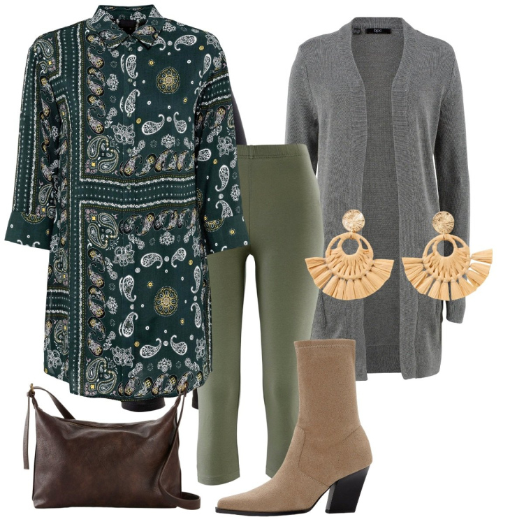 Outfit donna - Bonprix. Stile Casual chic per Tutti i giorni. Abbinamento con camicie, cardigans, leggings, stivaletti, orecchini, borse a tracolla.