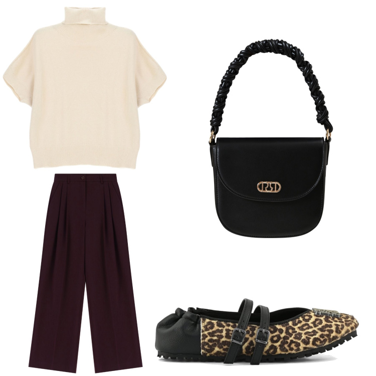 Outfit donna - Aperitivo. Stile Trendy per Tutti i giorni. Abbinamento con borse a mano, maglieria, pantaloni a palazzo, ballerine.