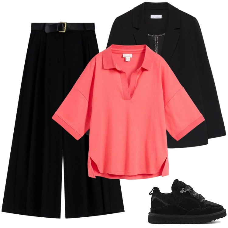 Outfit donna - Un po\' Bold. Stile Minimal per Ufficio. Abbinamento con polo, pantaloni a palazzo, blazer, sneakers alte.