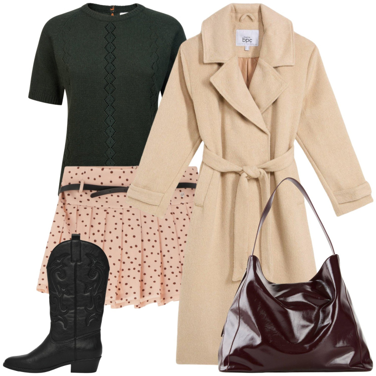 Outfit donna - Centro città. Stile Urban per Tutti i giorni. Abbinamento con cappotti, shopping bag, stivaletti texani, minigonne, maglieria.