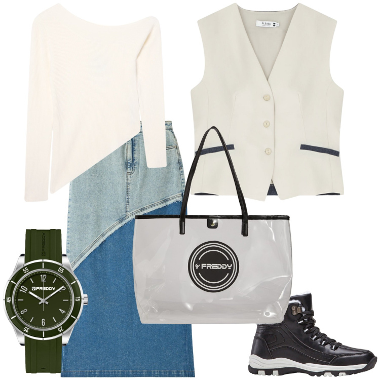 Outfit donna - E’ l ora di qualche sconto. Stile Casual chic per Tutti i giorni. Abbinamento con stivaletti, maglieria, gonne lunghe, gilet, shopping bag, orologi.