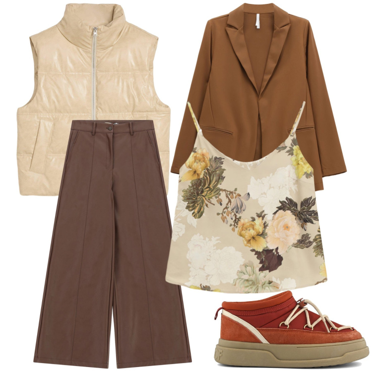 Outfit donna - La stagione avanza. Stile Trendy per Ufficio. Abbinamento con piumini, pantaloni a palazzo, top, blazer, stivaletti.