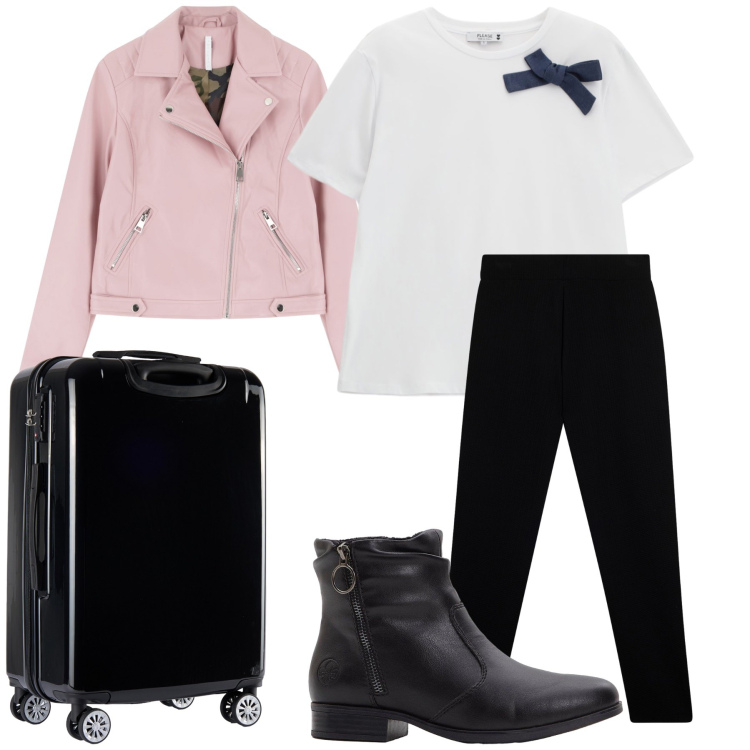 Outfit donna - Viaggio direzione Bantoa. Stile Bon Ton per Tutti i giorni. Abbinamento con stivaletti, t-shirt, blazer, valigie, pantaloni.
