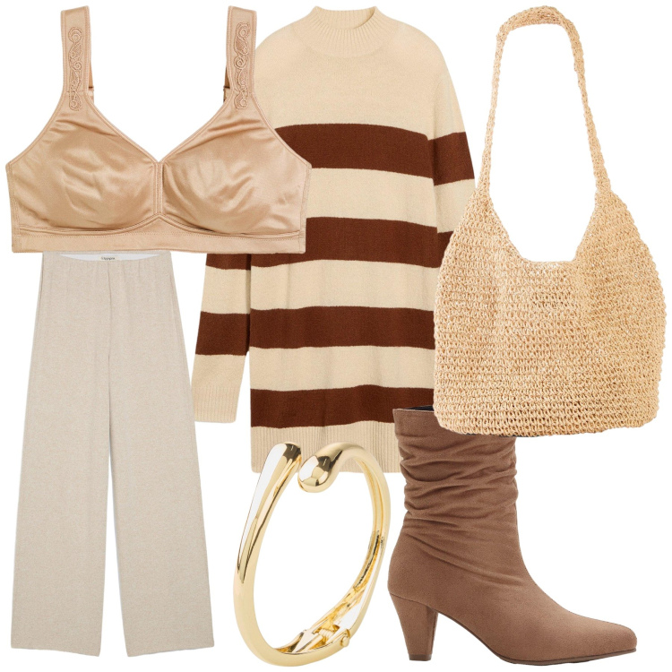 Outfit donna - Neutral ma Bonprix. Stile Trendy per Ufficio. Abbinamento con braccialetti, stivaletti, maglieria, reggiseni, pantaloni a palazzo, shopping bag.