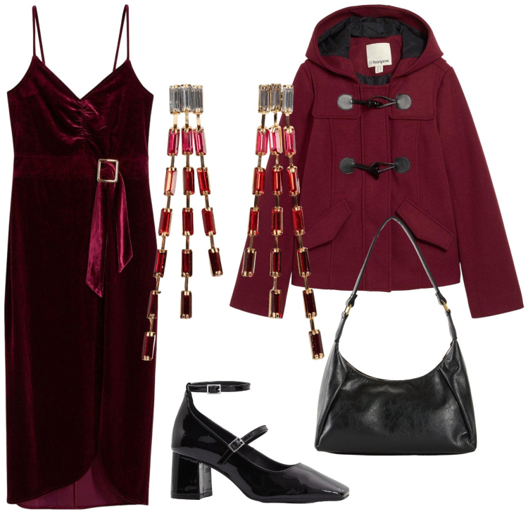 Outfit donna - Ristorante Bonprix. Stile Glamour per Serata fuori. Abbinamento con orecchini, montgomery, vestiti midi/longuette, décolleté, borse a mano.