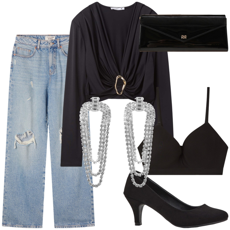 Outfit donna - Un jeans destroyed per l happy hour. Stile Glamour per Serata fuori. Abbinamento con décolleté, orecchini, reggiseni a balconcino, maglieria, jeans strappati, pochette.