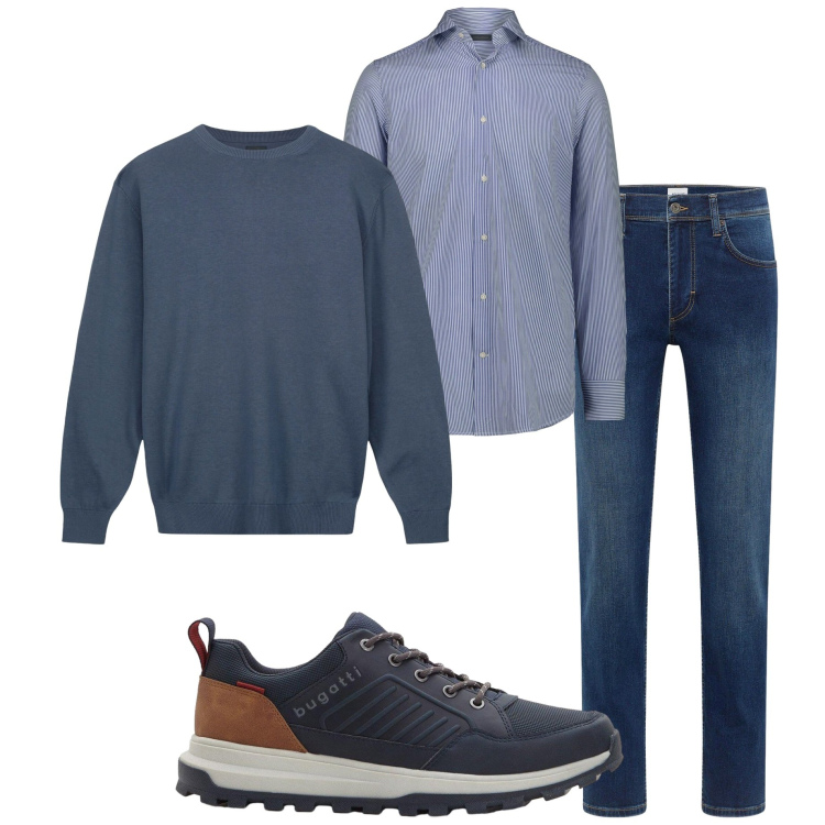 Outfit uomo - In ufficio. Stile Urban per Ufficio. Abbinamento con jeans dritti, sneakers, maglieria, camicie.
