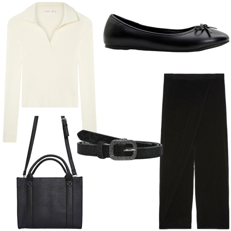 Outfit donna - Business casual outfit. Stile Casual chic per Ufficio. Abbinamento con ballerine, borse tote, maglieria, cinture, pantaloni.