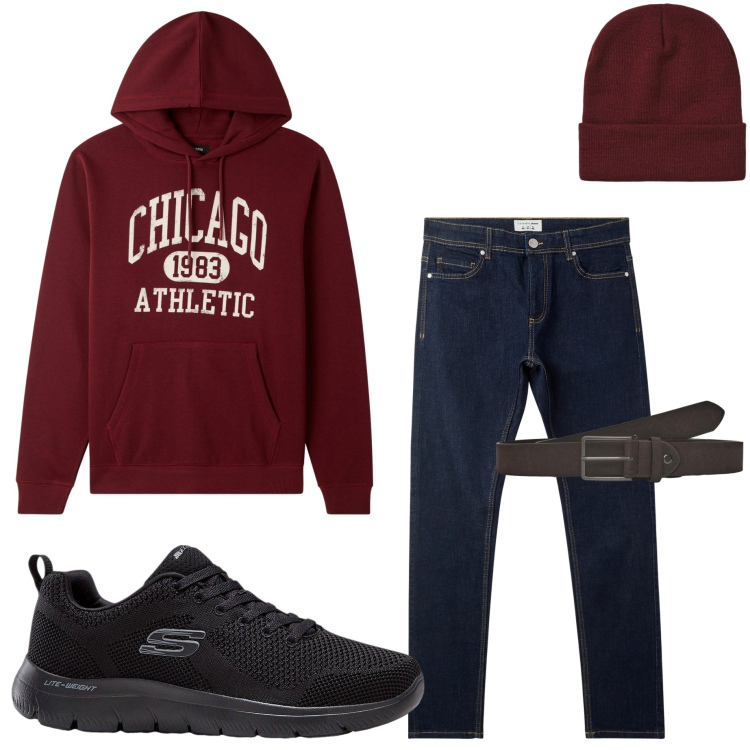 Outfit uomo - Jeans e felpa. Stile Casual per Tutti i giorni. Abbinamento con sneakers, jeans skinny, cinture, felpe con cappuccio, berretti.