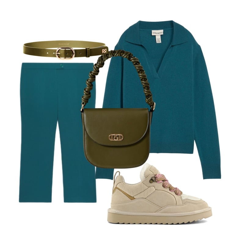 Outfit donna - In verde. Stile Casual per Tutti i giorni. Abbinamento con maglieria, cinture, borse a mano, sneakers alte, pantaloni.