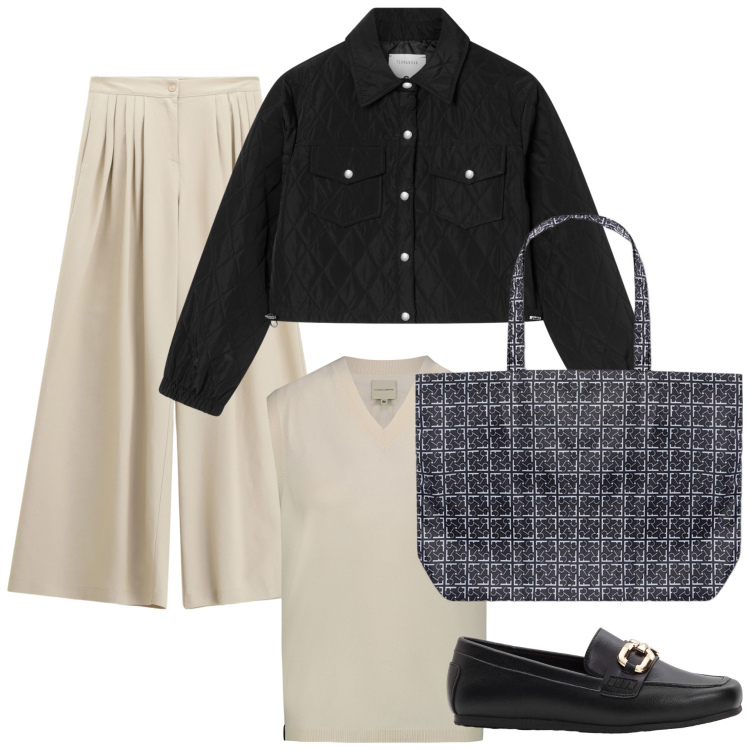 Outfit donna - Passeggiata in centro la domenica. Stile Casual per Tutti i giorni. Abbinamento con mocassini, giacche, pantaloni a palazzo, maglieria, shopping bag.