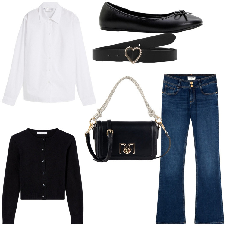 Outfit donna - Business casual outfit. Stile Casual chic per Ufficio. Abbinamento con camicie, ballerine, cinture, jeans a zampa, cardigans, borse a mano.