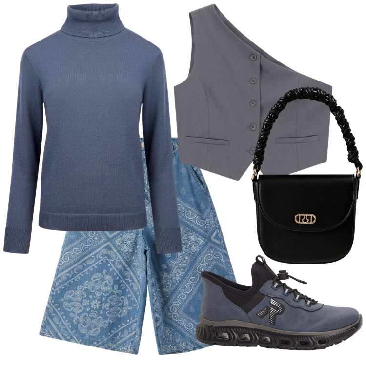 Outfit donna - Casual e sportivo. Stile Casual per Tutti i giorni. Abbinamento con sneakers, bermuda, borse a mano, gilet, maglieria.