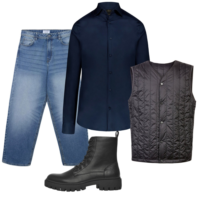 Outfit uomo - Con lo smanicato. Stile Urban per Tutti i giorni. Abbinamento con anfibi, jeans, camicie, piumini.