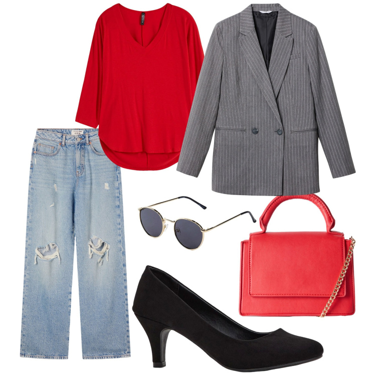 Outfit donna - Rosso=Amore. Stile Casual per Tutti i giorni. Abbinamento con maglieria, décolleté, occhiali da sole, borse a tracolla, jeans strappati, blazer.