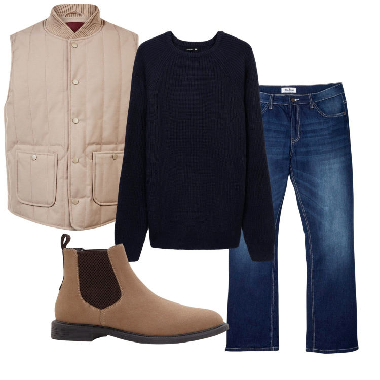 Outfit uomo - Con lo smanicato 2. Stile Urban per Tutti i giorni. Abbinamento con jeans bootcut, stivali e stivaletti, maglieria, piumini.