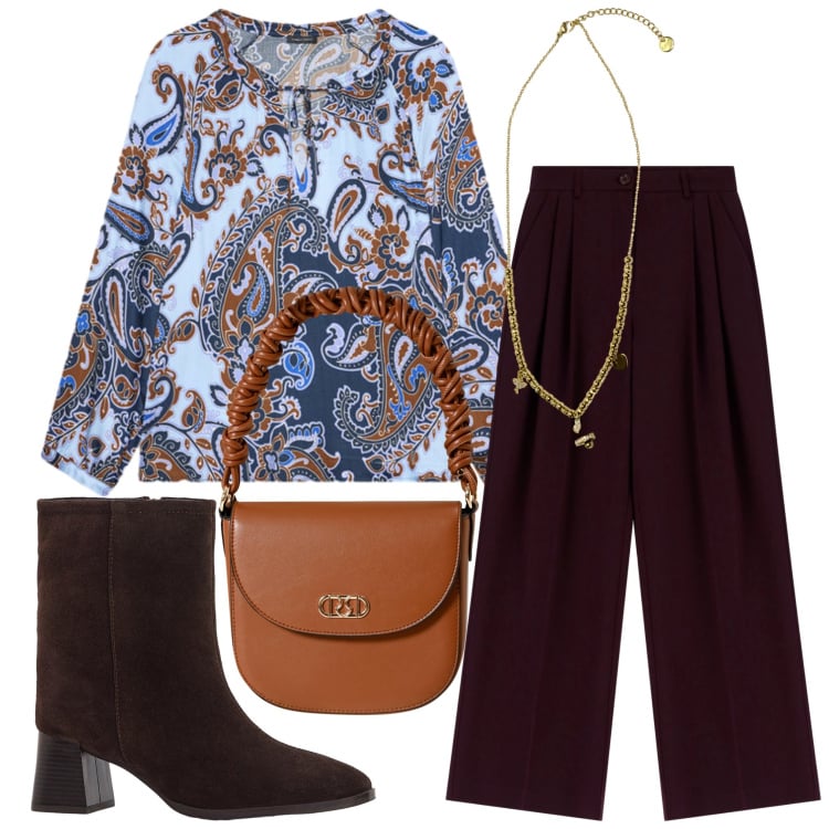 Outfit donna - Sabato pomeriggio. Stile Casual per Tutti i giorni. Abbinamento con stivaletti, borse a mano, pantaloni a palazzo, ciondoli, bluse.