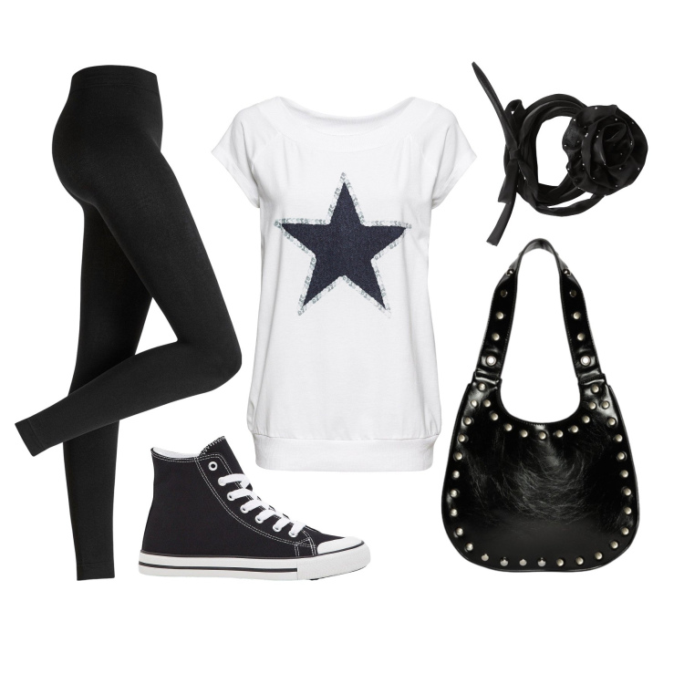 Outfit donna - A spasso per i saldi. Stile Casual per Tutti i giorni. Abbinamento con sneakers alte, t-shirt, leggings, collane, borse a spalla.