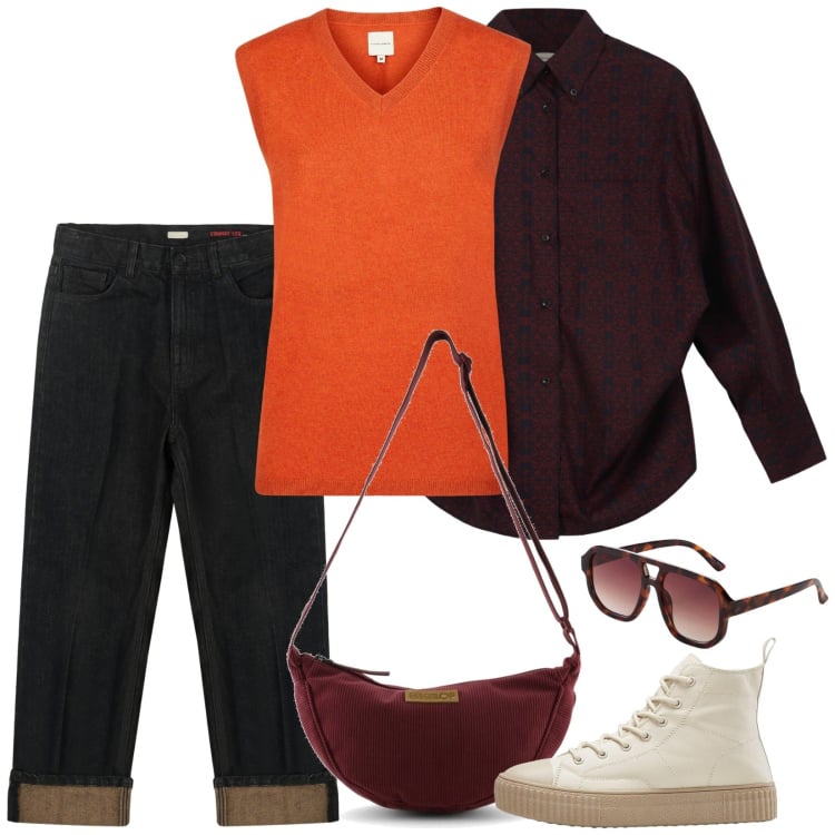 Outfit donna - Il gilet color zucca. Stile Casual per Scuola/Università. Abbinamento con occhiali da sole, sneakers alte, maglieria, camicie, jeans dritti, borse a tracolla.