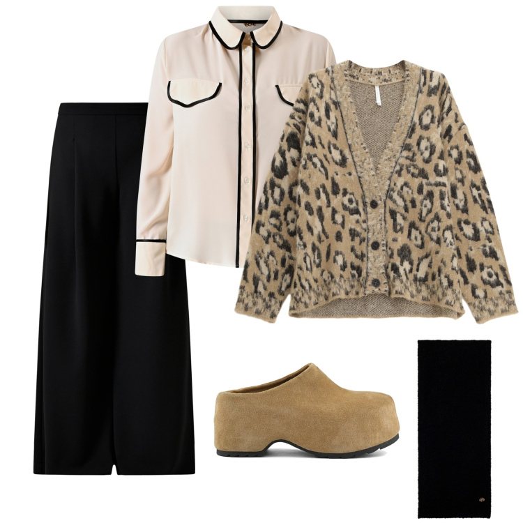 Outfit donna - Relax. per Tutti i giorni. Abbinamento con camicie, pantaloni a palazzo, cardigans, sciarpe, zoccoli.