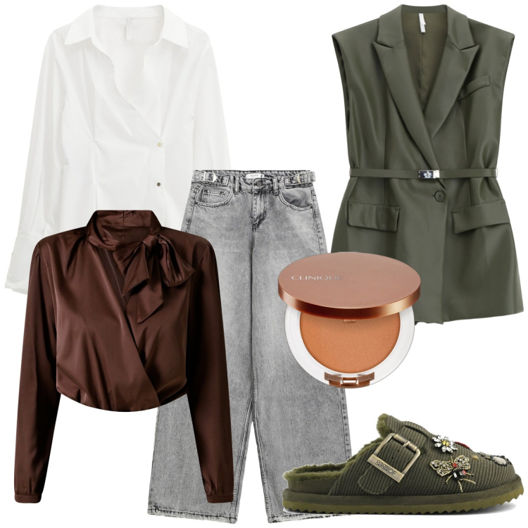 Outfit donna - Questo autunno. Stile Casual chic per Tutti i giorni. Abbinamento con terre, body, jeans, camicie, gilet, sabot.