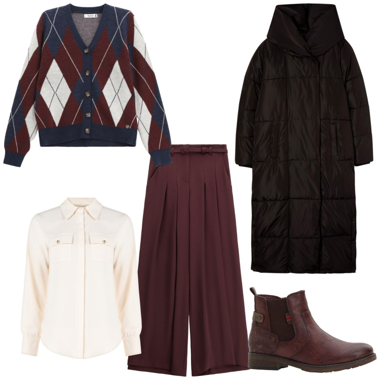 Outfit donna - Il classico golfino a quadri. Stile Casual per Tutti i giorni. Abbinamento con stivaletti, cappotti, camicie, cardigans, pantaloni a palazzo.