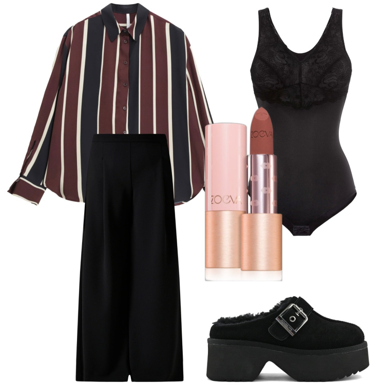 Outfit donna - Total look #2253628. Stile Bon Ton per Ufficio. Abbinamento con body, rossetti, pantaloni a palazzo, camicie, sabot.