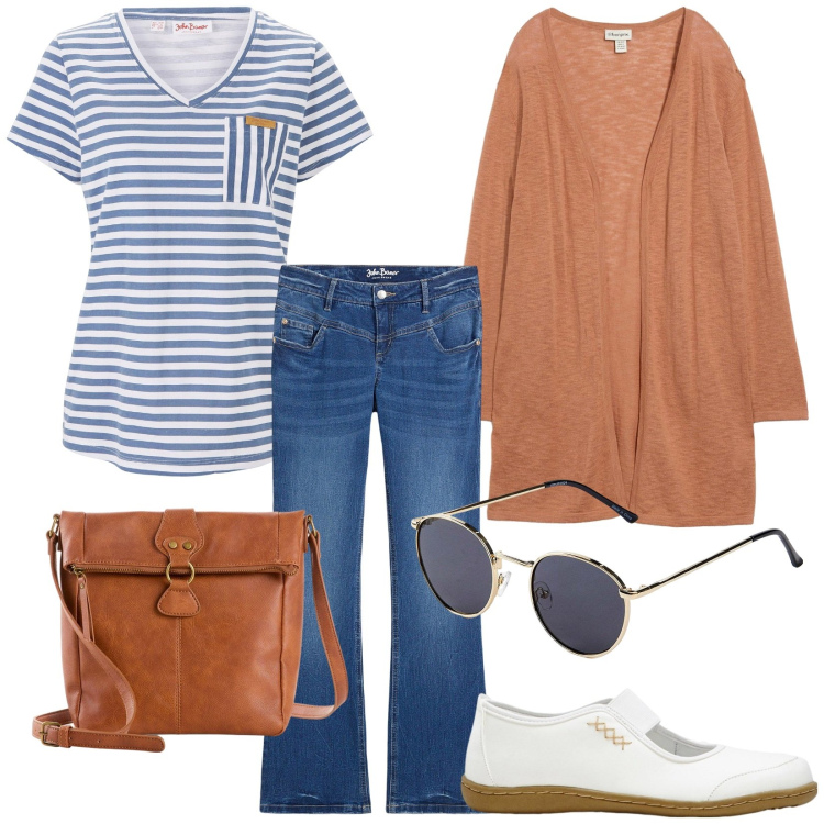 Outfit donna - Autunno a Ischia. Stile Casual per Tutti i giorni. Abbinamento con ballerine, t-shirt, jeans bootcut, occhiali da sole, cardigans, borse a tracolla.