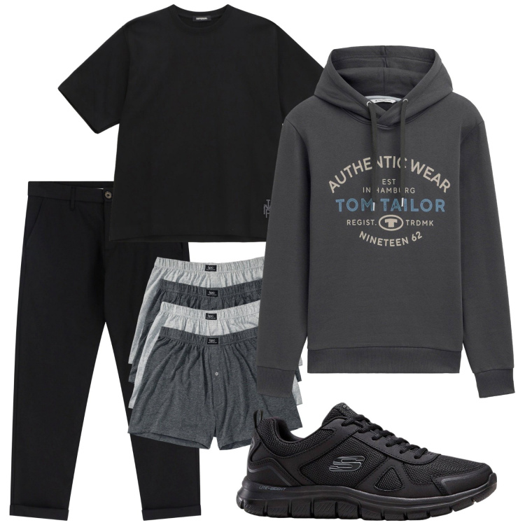 Outfit uomo - Total look #2253633. Stile Urban per Tutti i giorni. Abbinamento con sneakers, boxer, felpe con cappuccio, t-shirt, pantaloni chino.