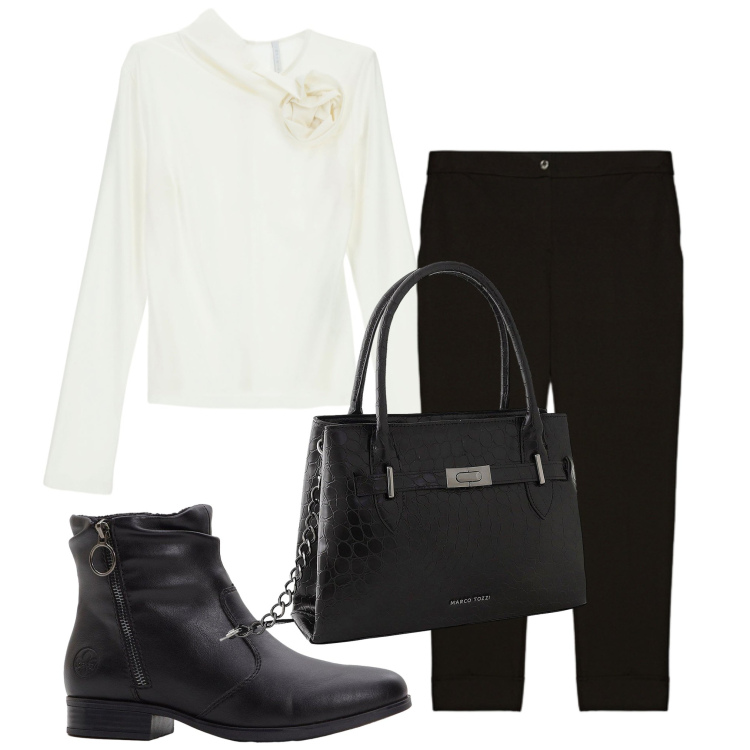 Outfit donna - Black and White. Stile Casual per Tutti i giorni. Abbinamento con stivaletti, borse a mano, t-shirt, pantaloni.